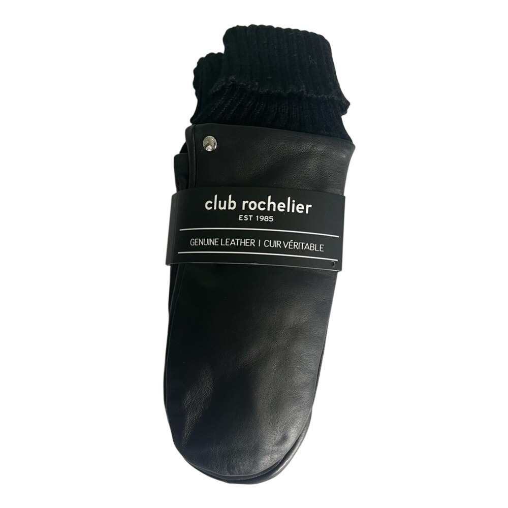 Club Rochelier Genuine Leather Ribbed Knit Cuff Mittens Black